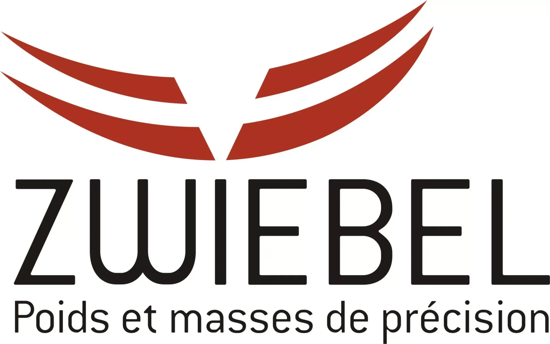 Logo pour Zwiebel, avec des volutes rouges sur le texte noir « ZWIEBEL » et le texte « Poids et masses de précision ».