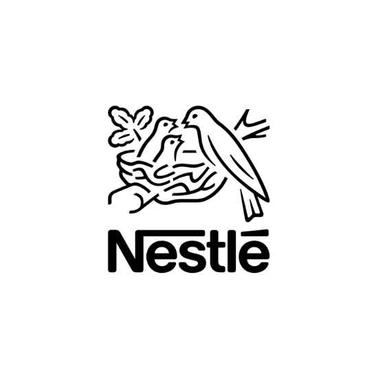 Un logo Nestlé noir et blanc avec deux oiseaux dans un nid.