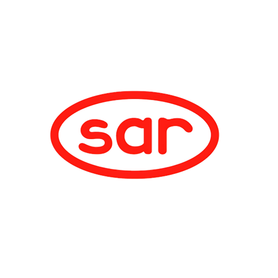 Un logo rouge et blanc pour sar sur fond blanc