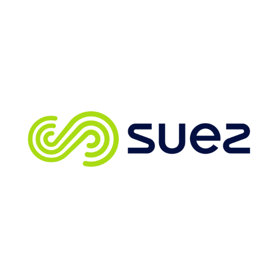 Un logo vert et bleu pour suez sur fond blanc.