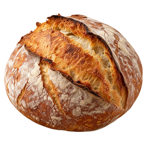 Pagnotta rotonda e croccante di pane artigianale con la superficie incisa di colore marrone dorato.