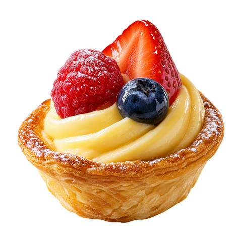 Crostata di frutta con ripieno di crema pasticcera, guarnita con fragole, lamponi e mirtilli.