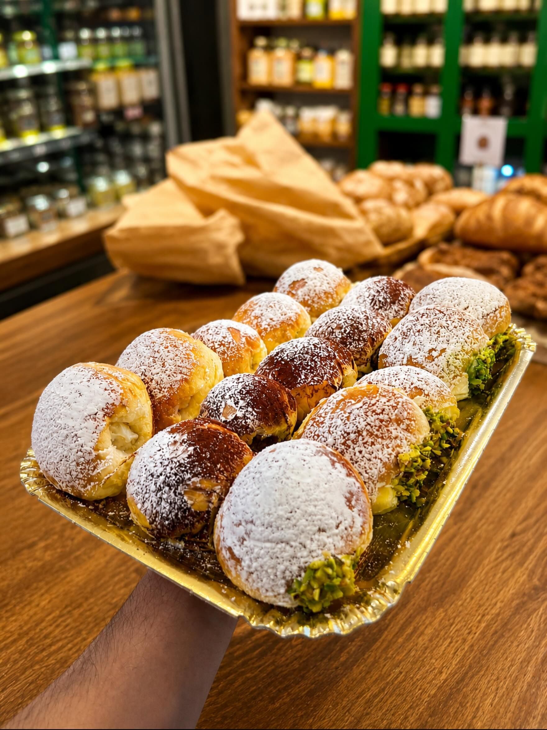 Vassoio di pasticcini assortiti ricoperti di zucchero a velo e pistacchi su un tavolo di legno in una caffetteria.