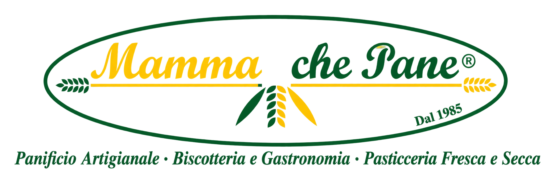 Logo per Mamma che Pane, con bordo ovale verde e testo in corsivo arancione su sfondo bianco.