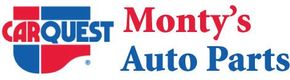 The logo for carquest monty 's auto parts is blue and red.