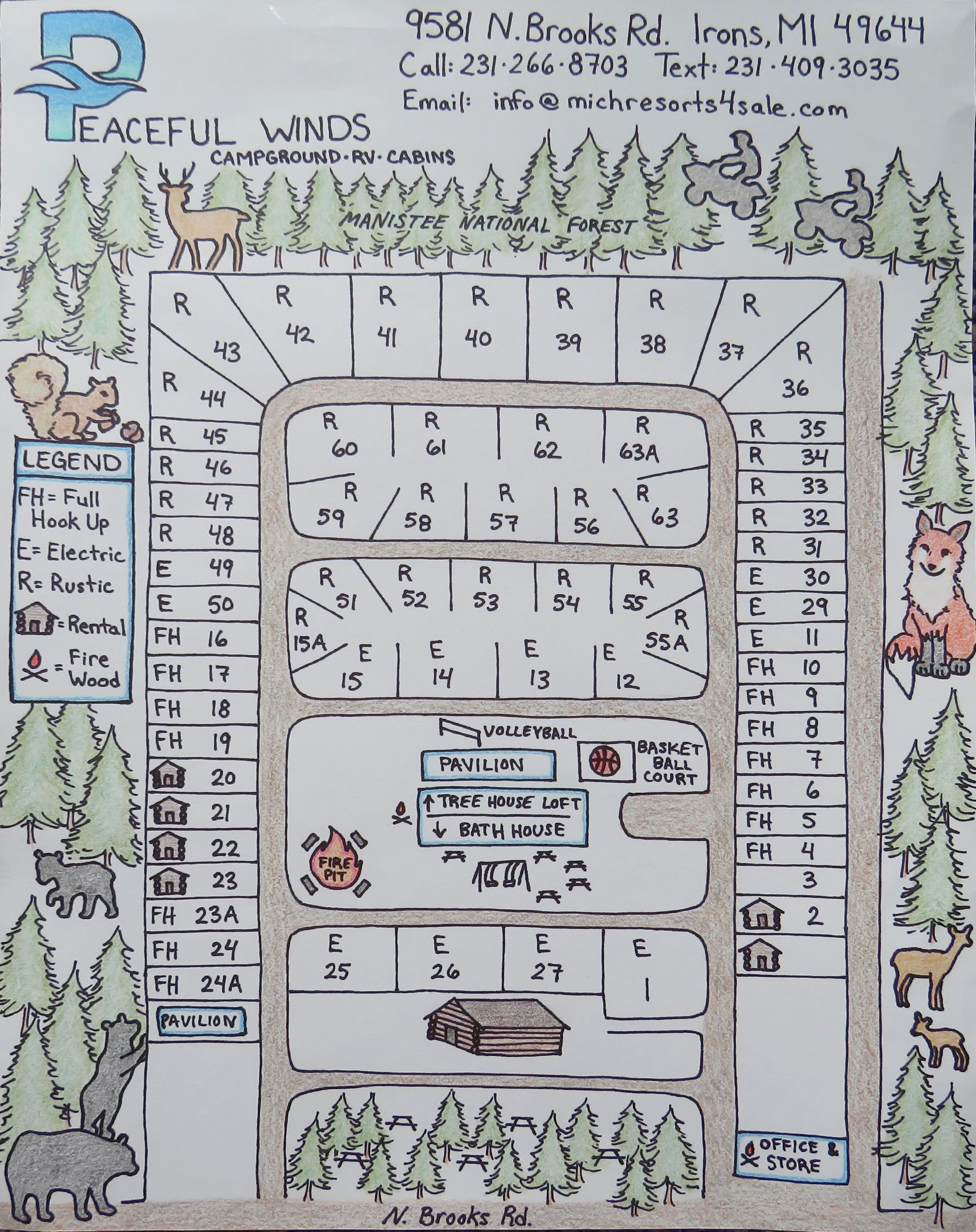 A hand drawn map of a peaceful woods campground