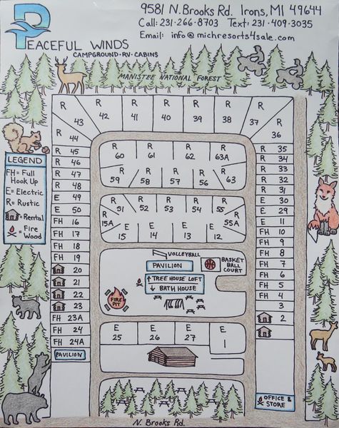 A hand drawn map of a peaceful woods campground