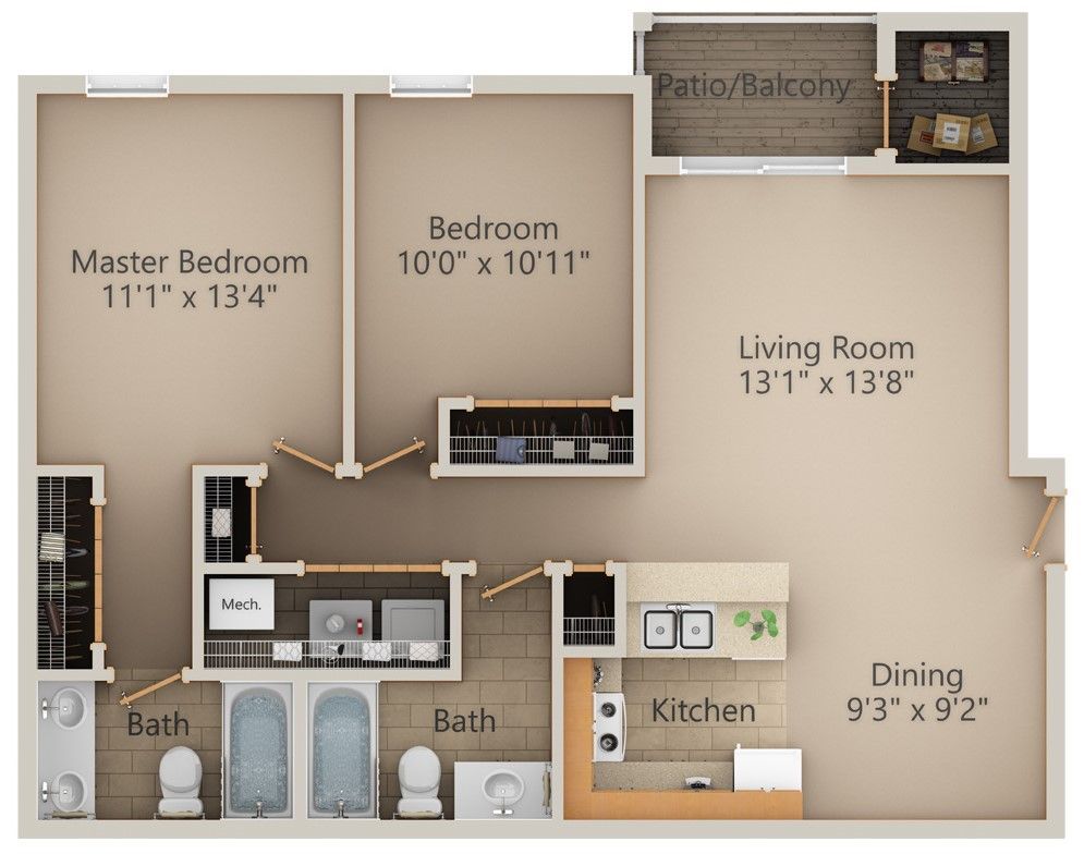 Floor plan of a two-bedroom apartment, showing the layout of the rooms including bedrooms, kitchen, living room, and balcony.