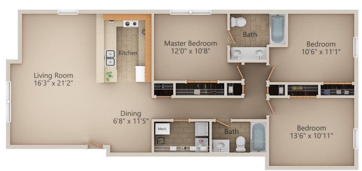 Floor plan of an apartment with a kitchen, living room, dining area, three bedrooms, and two bathrooms.
