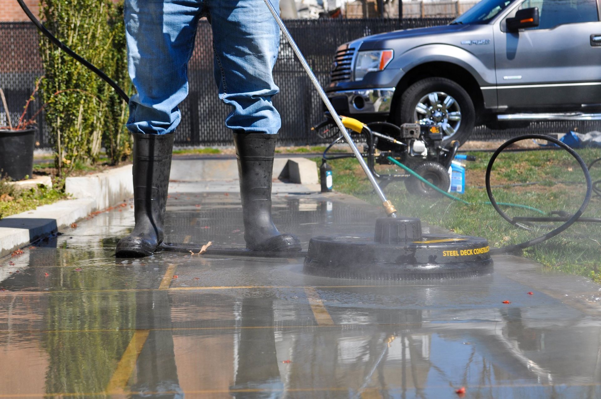 Person power-washing a driveway beside a parked SUV, wearing jeans and black rubber boots.
