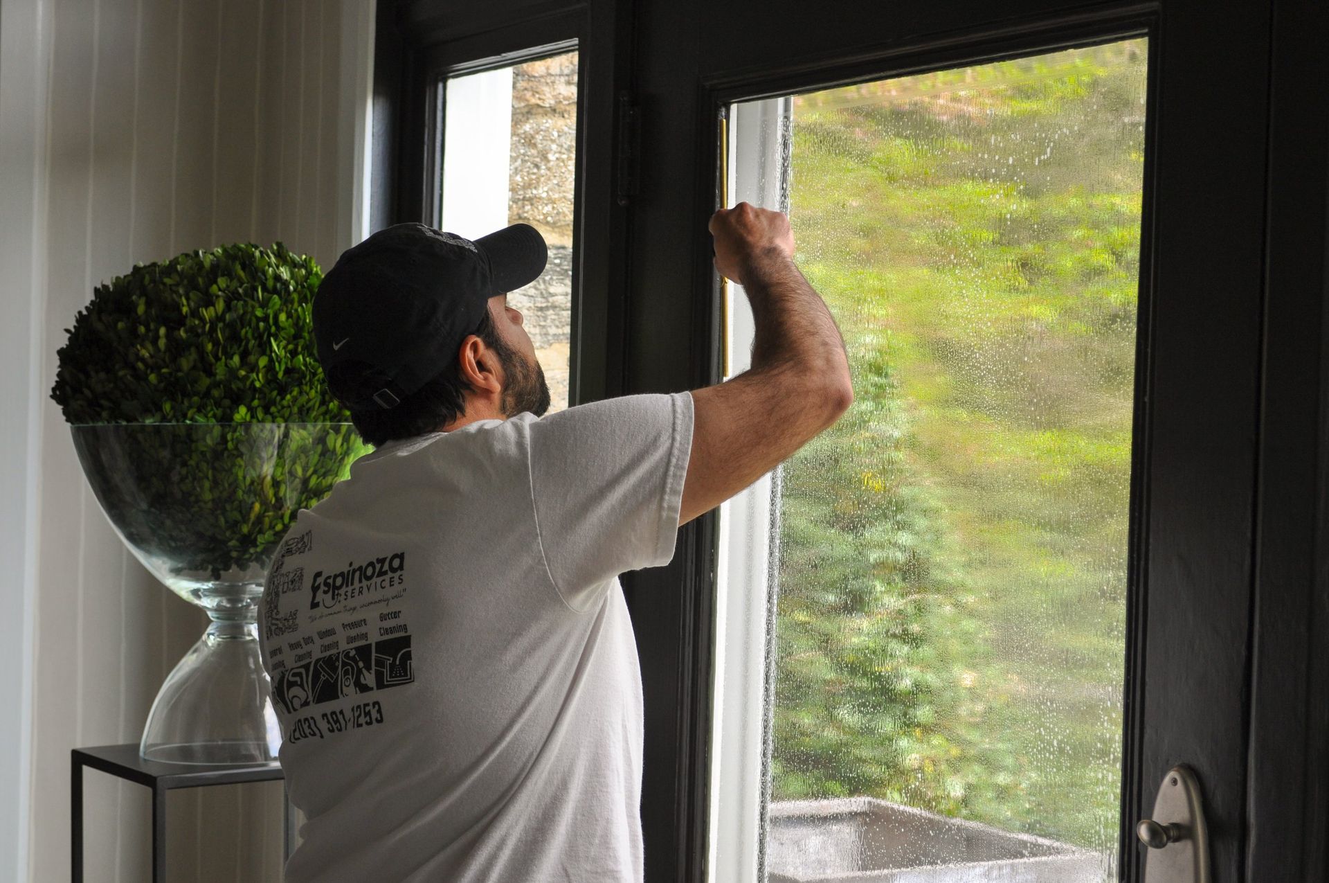 Man installing a window screen beside a large potted topiary tree near an open window