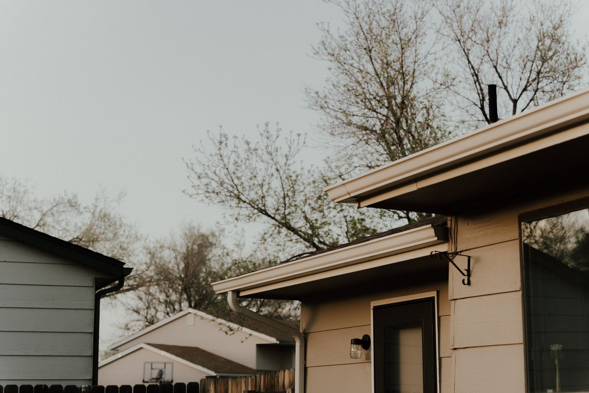 Suburban houses under a cloudy sky with bare trees in the background