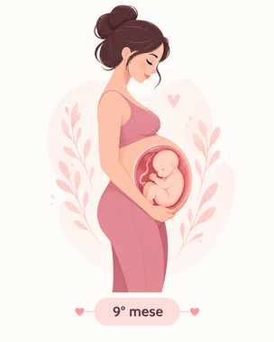 Donna incinta vestita di rosa, con il bambino visibile nel grembo, etichettata «9° mese»