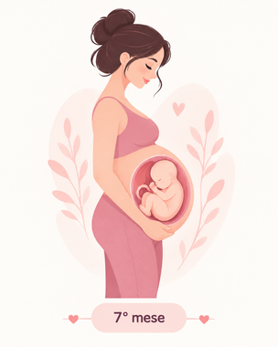 Donna incinta in abito rosa, di profilo, con una mano sul pancione, illustrazione di un bambino e testo «7º mese»
