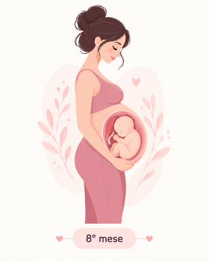 Donna incinta di profilo con il bambino visibile nel grembo, illustrazione rosa tenue, con la dicitura «8° mese»
