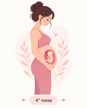 Donna incinta con vestito rosa e illustrazione del feto, con la dicitura «4º mese»