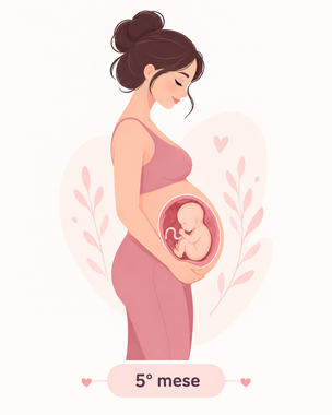 Donna incinta di profilo con le mani sulla pancia, illustrazione rosa, con la dicitura «5º mese»