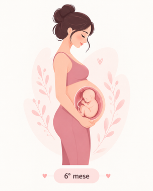 Donna incinta con un vestito rosa, di profilo, con l’illustrazione di un bambino nella pancia, con la dicitura «6° mese»