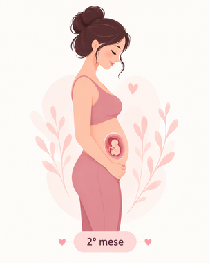 Donna incinta di profilo con illustrazione del feto, tonalità rosa, con la dicitura «2º mese»
