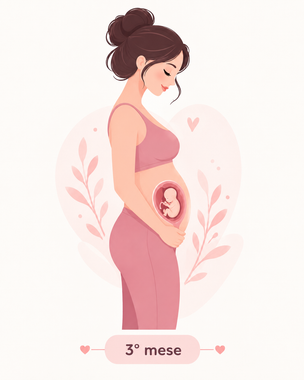Donna incinta vestita di rosa, di profilo con il pancione, con la dicitura «3º mese» su uno sfondo dai toni pastello delicati