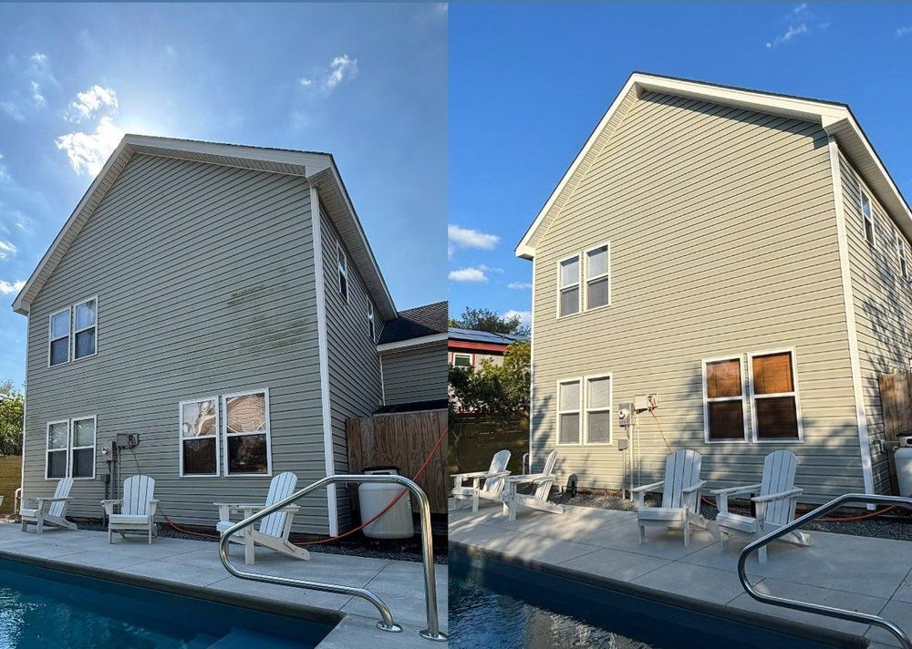 A before and after picture of a house next to a pool.