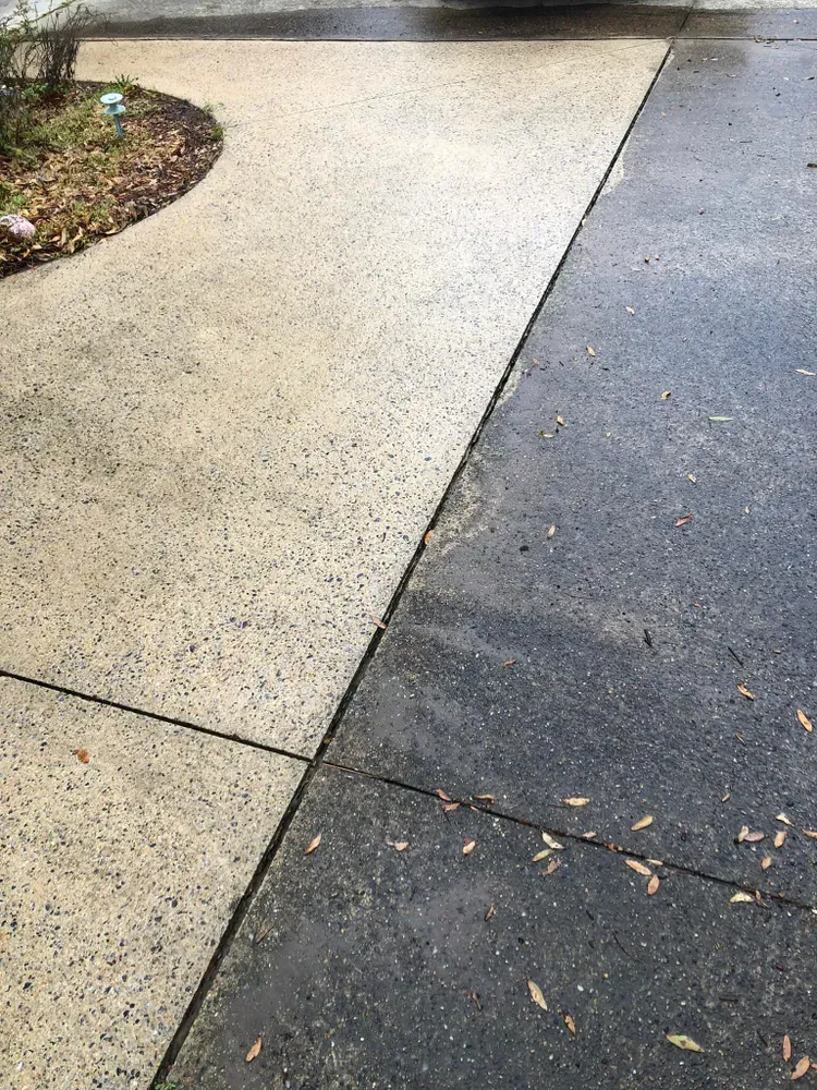 A before and after picture of a concrete driveway.