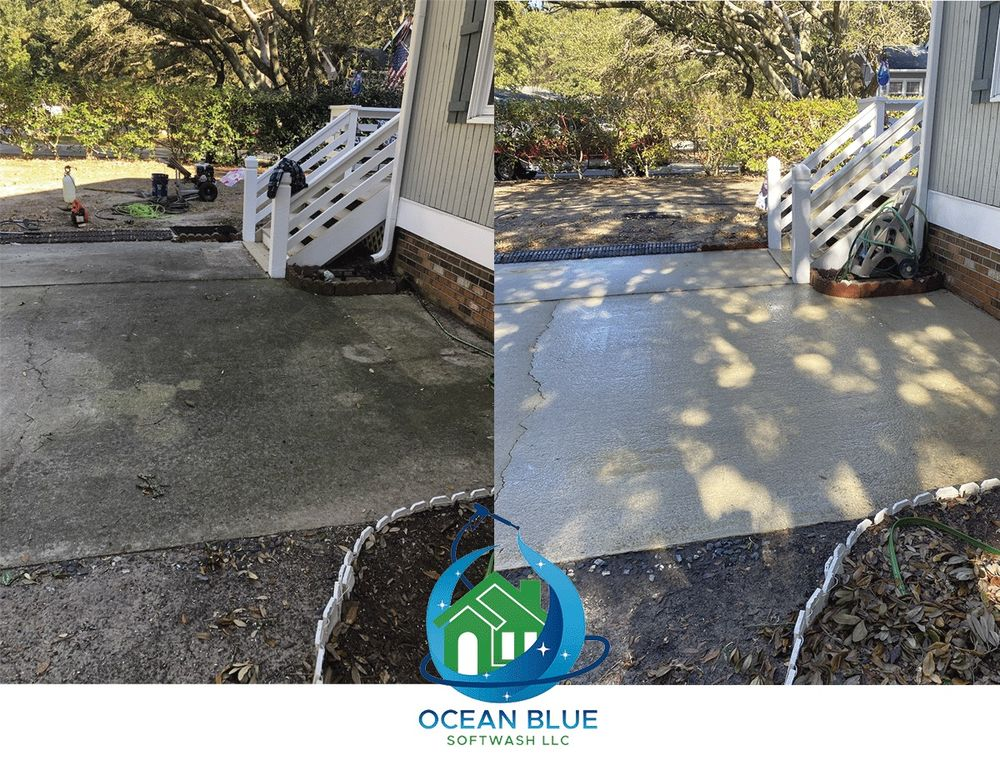 A before and after photo of a concrete driveway.