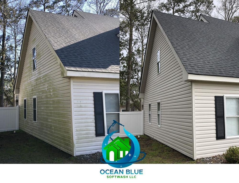 A before and after picture of a house with a black roof.