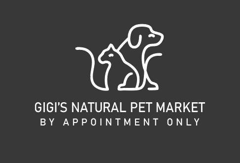 Logo for Gigi's Natural Pet Market: dog and cat outline in white on a gray background, with text
