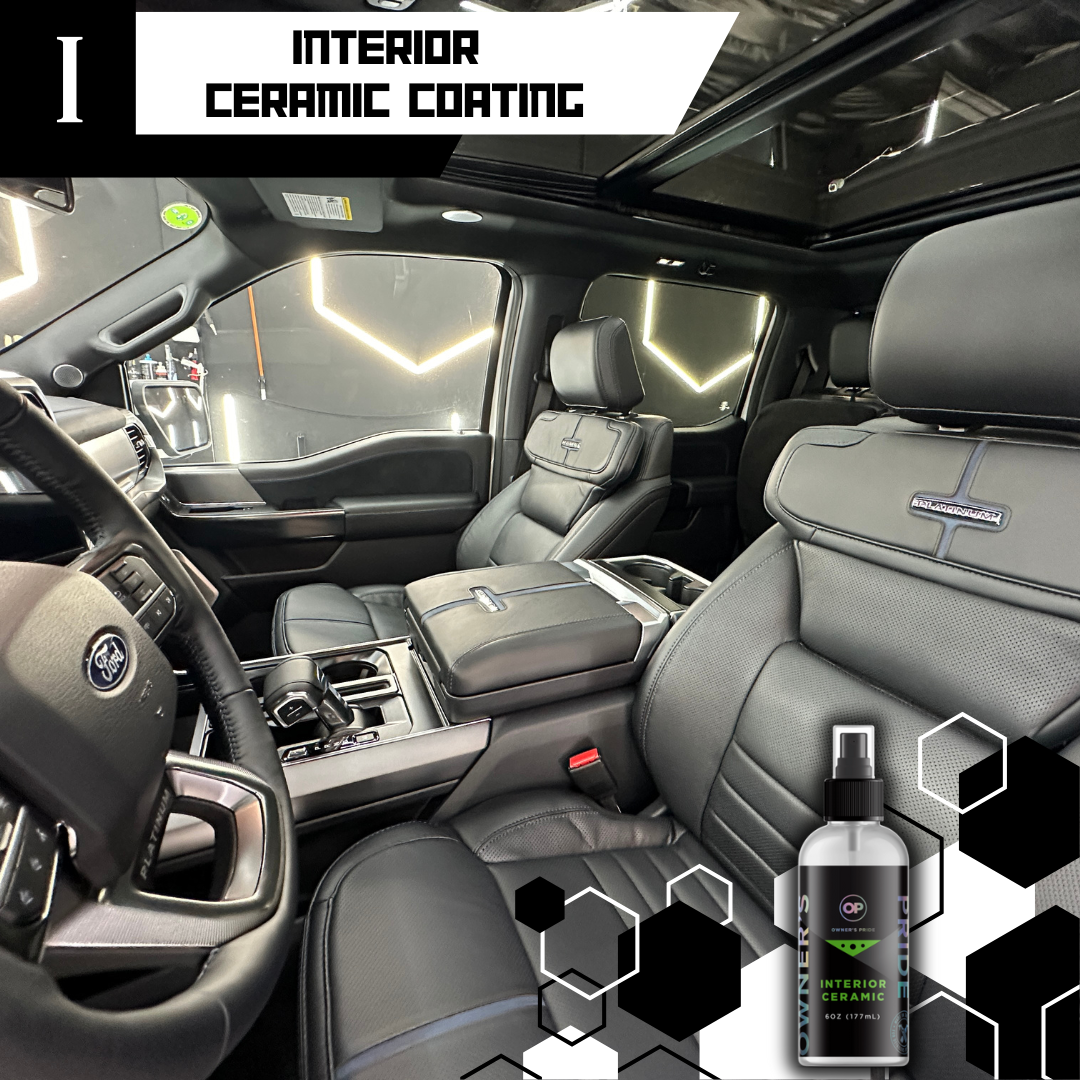 Black leather car interior, treated with ceramic coating; a spray bottle is displayed in the corner.