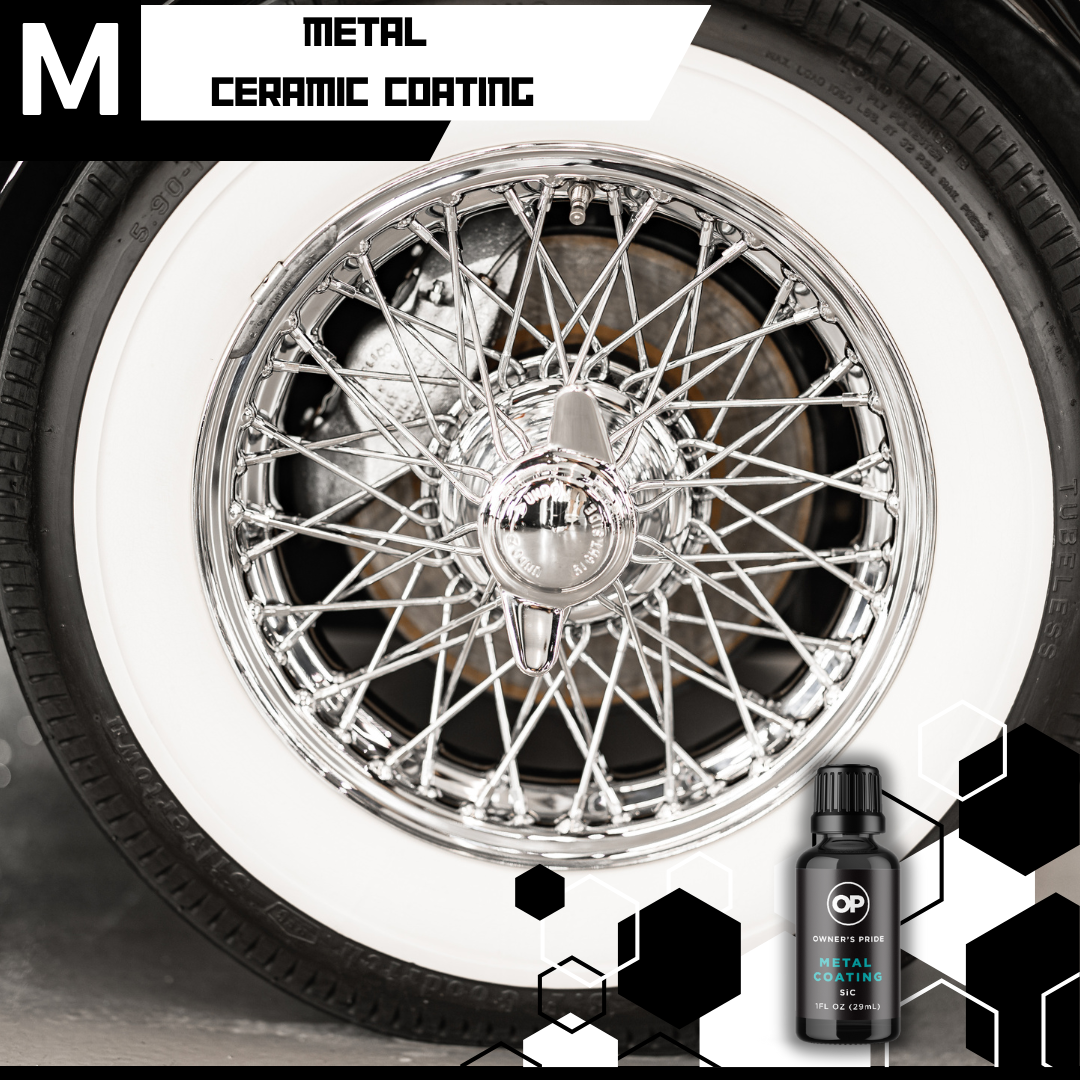 Metal wheel with a white tire and a bottle of ceramic coating.
