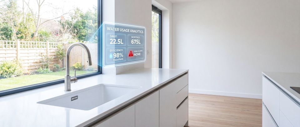 A modern kitchen counter with a sink, featuring a digital AR overlay displaying average household water usage data.