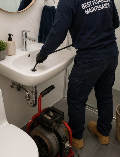 blocked drain sink bowden plumber using a snak to unblock