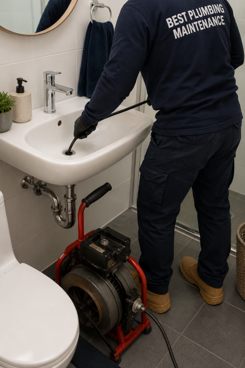 Plumber using a drain snake under a bathroom sink beside a toilet, with tools on the floor.