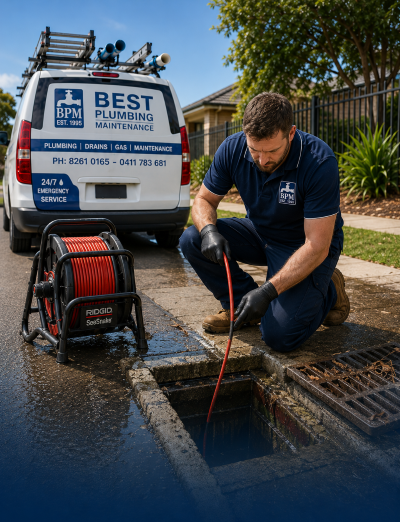 Plumber clearing a storm drain blocked drain northern suburbs