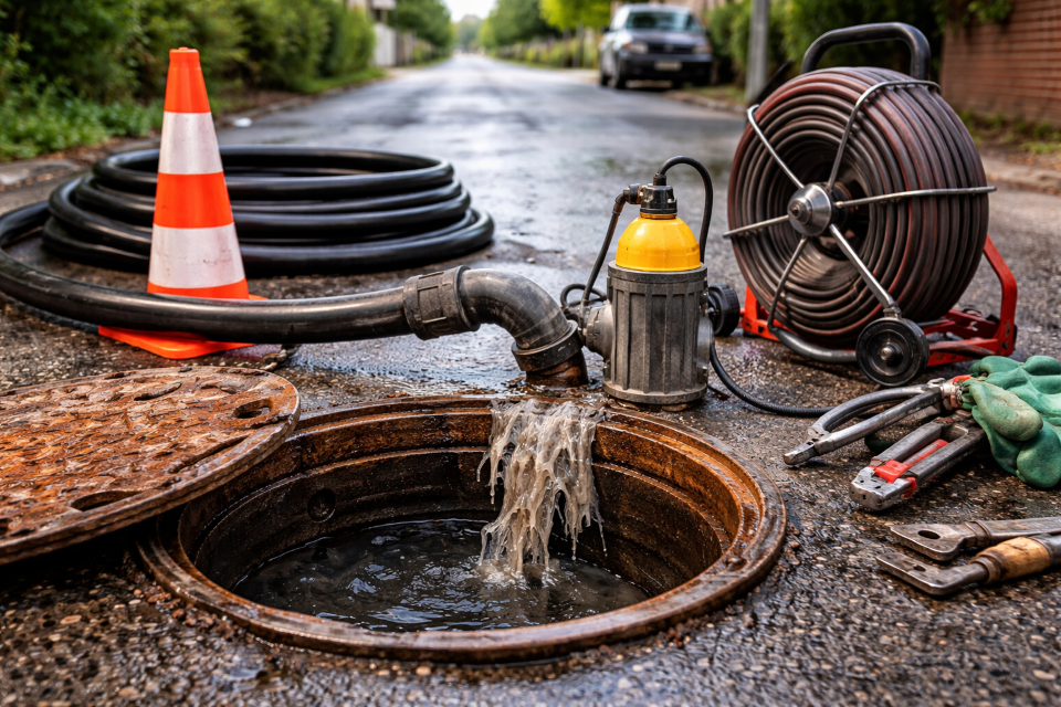 A drainage pump empties a flooded drain, with an orange cone and plumbing tools nearby.