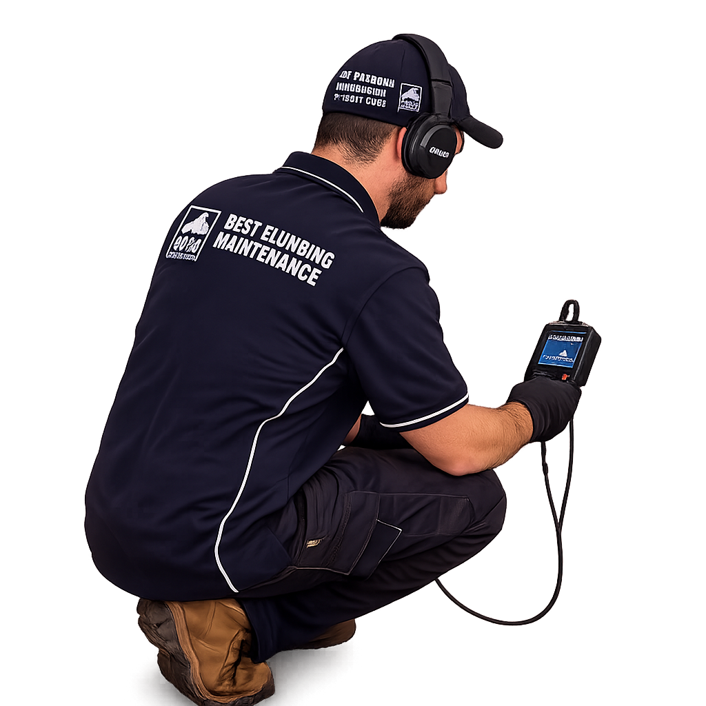 Technician in navy uniform kneels using a handheld inspection device, wearing headset and cap.
