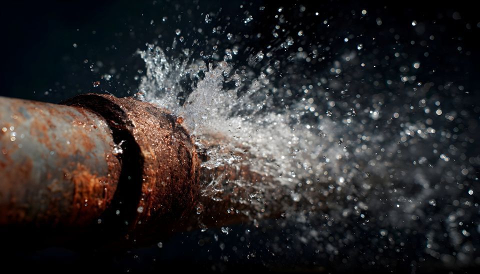Rusty pipe spraying water against a dark background