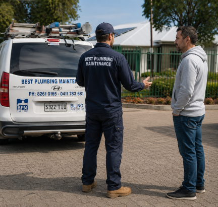 Plumber in navy workwear talks with a man beside a white service van at a suburban Adelaide home