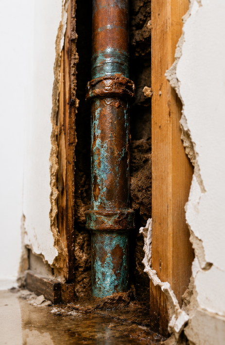 Rusty exposed pipe in a damaged wall with peeling plaster and water stains