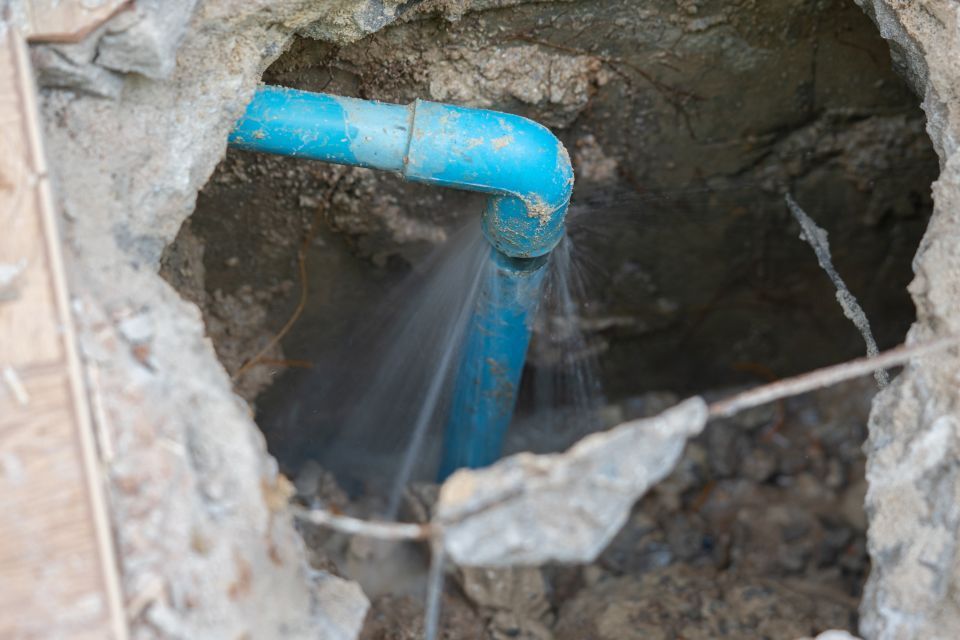 Blue PVC pipe leaking water into a dirt pit