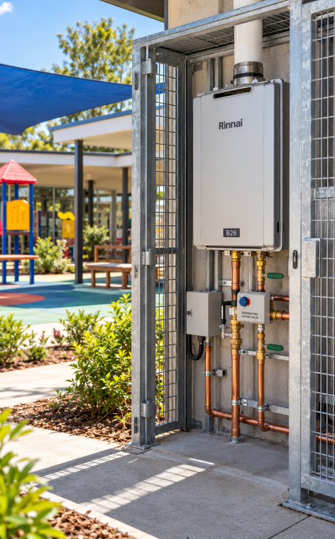 Caged outdoor rinnai hot water system in childcare facility
