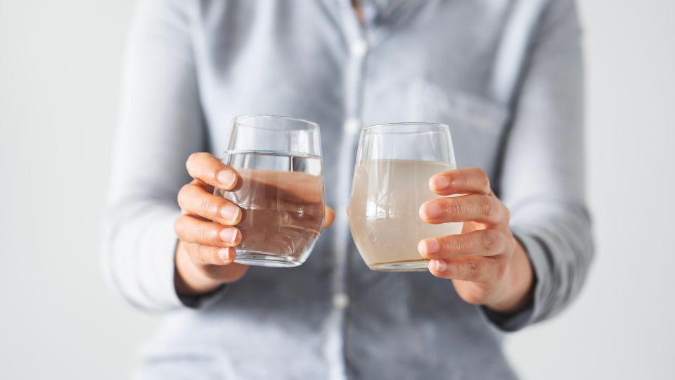 Person holding two glasses, one with clear water, the other with cloudy water.