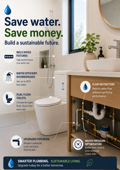 Bathroom sustainability poster: toilet, sink, and icons promoting water saving and efficient fixtures