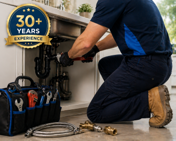 Plumber kneeling under sink with tools, fixing pipes; “30+ years experience” badge shown