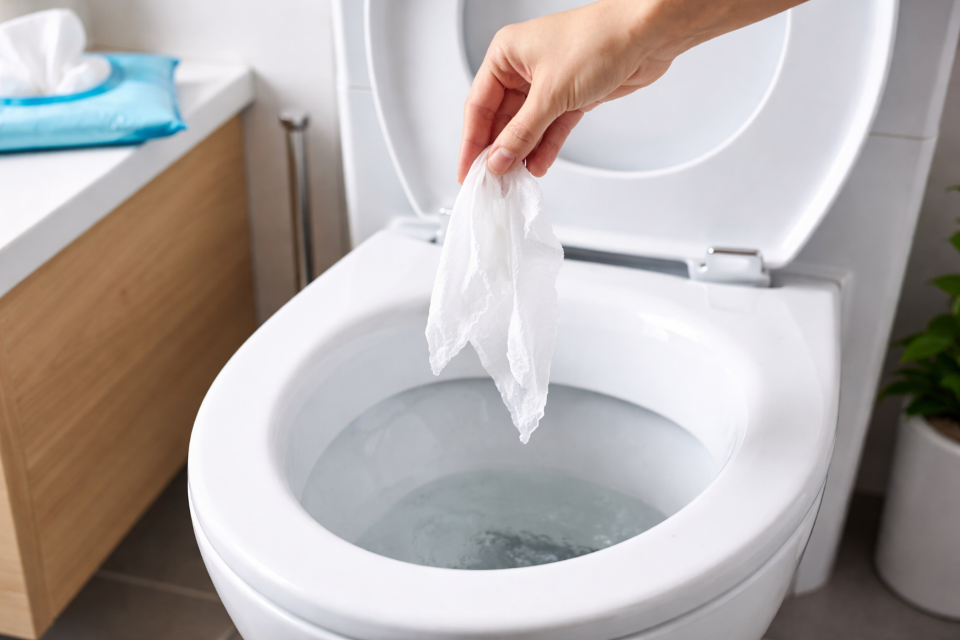 flushing wipes in toilet: a hand holds a wipe over an open toilet bowl in a bathroom 