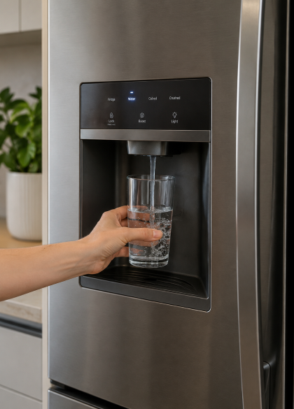 Hand placing a glass under a stainless steel refrigerator water dispenser