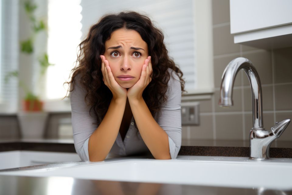 Woman with worried expression leans on kitchen sink - gurgling sound from sink