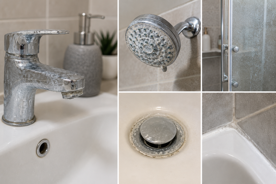 Close-up collage of a speckled bathroom sink faucet, showerhead, drain, and tub fixtures with water