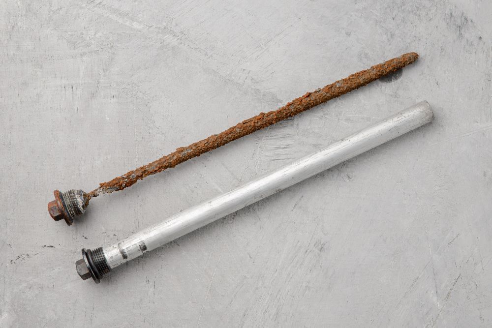 A rusty and worn-out anode rod next to a new anode rod